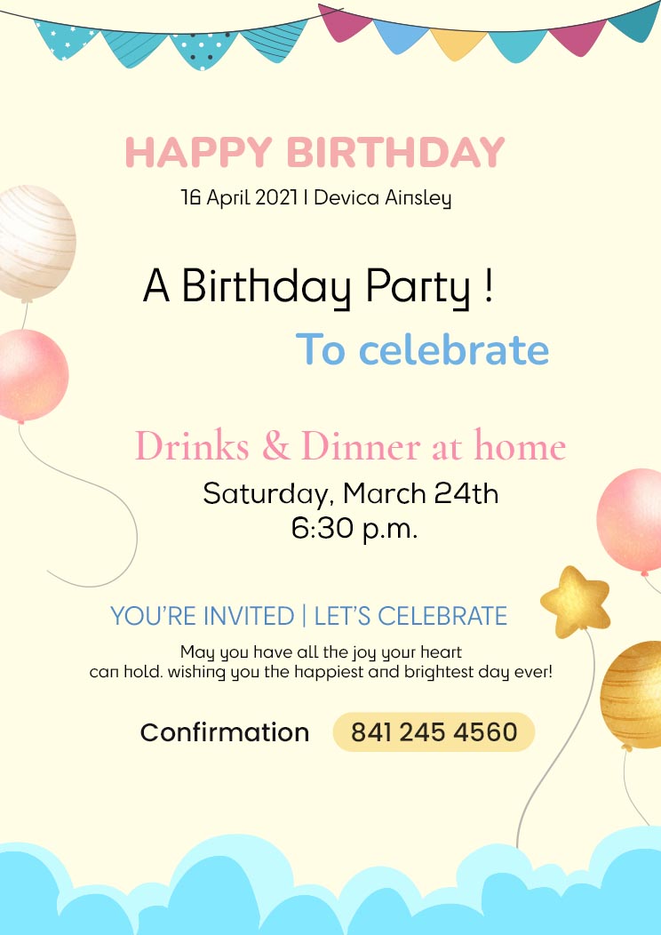 Simple Birthday Party A4 Invitation Card