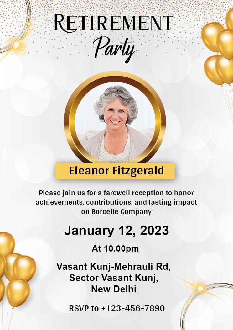 Abstract A4 Invitation Card For Happy Retirement and Farwell Party With Gray Bokeh Lights Effect Background