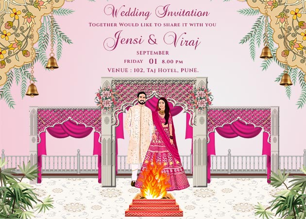 Traditional Indian Caricature Wedding Landscape Invitation