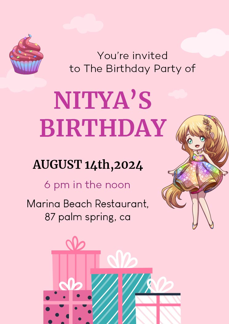 Girls Birthday Party A4 Invitation Card