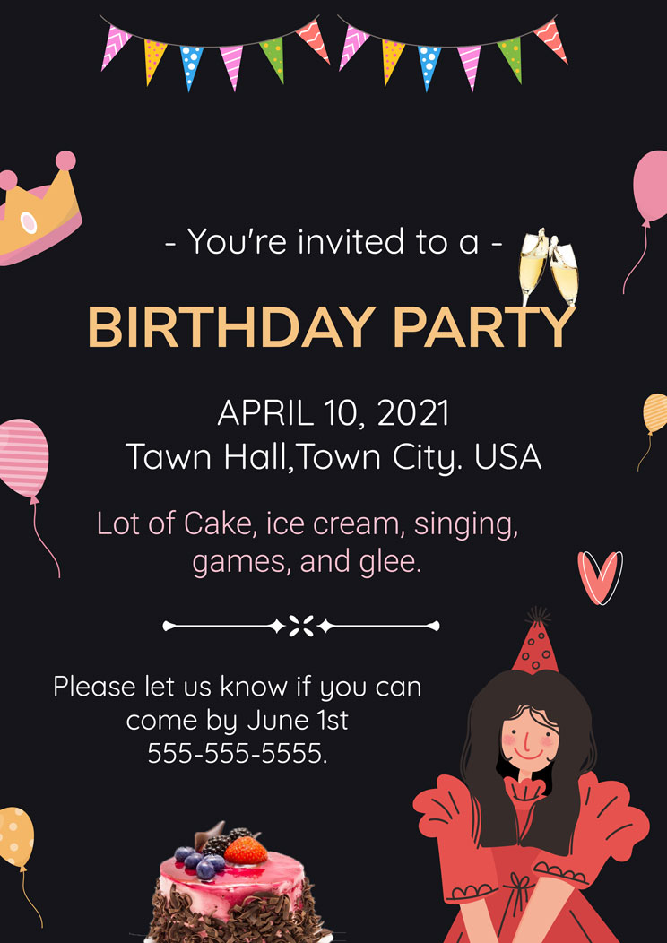 Girl Birthday Party A4 Invitation Template