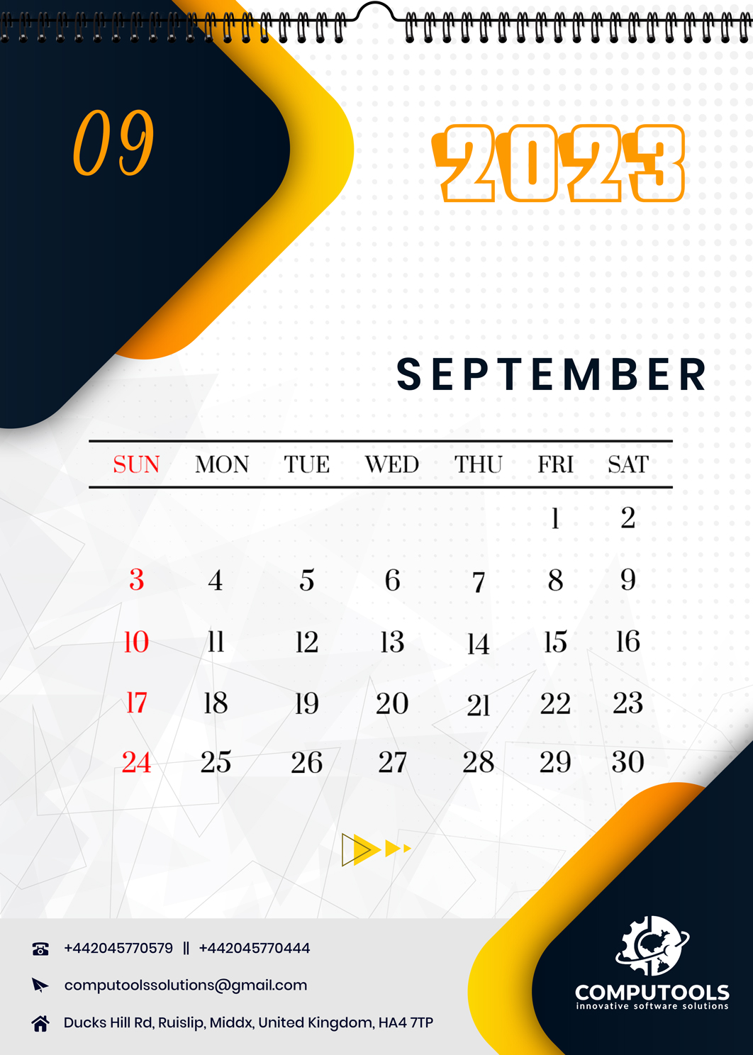 Gold Pattern Design Portrait Calendar September 2023