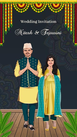 Caricature Marathi Wedding Invitation Card