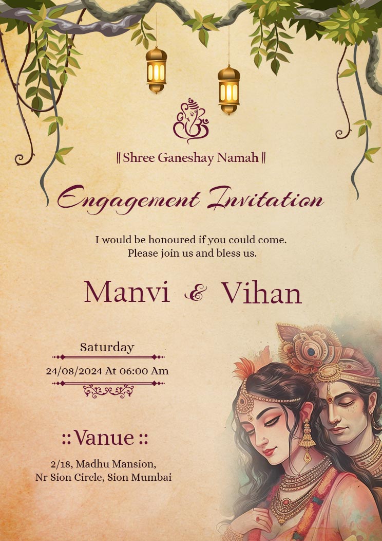 Engagement Invitation card Traditional Vintage Radha krishna