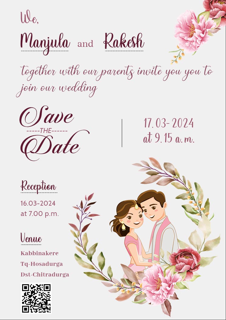 Floral Wedding Invitation Card with QR Code