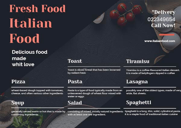 Minimalist Blue Background Fresh Italian Delicious Food Simple and Creative Menu Card Maker Template