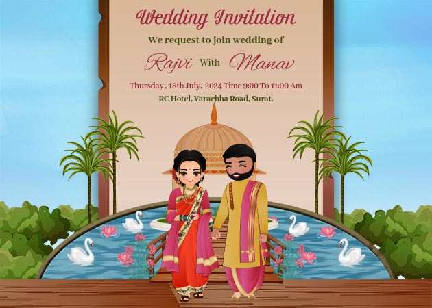 Traditional Caricature Wedding Landscape Invitation Template