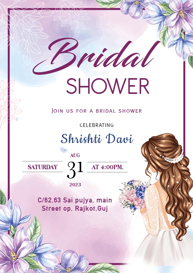 Bridal Shower Stylish Typography Bride to Be A4 Bridal Shower Invitation Template Creative Very Light blue with Purple Watercolor Background