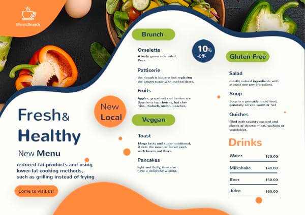 White and Orange Fresh& Healthy Simple Healthy Food Flyer Menu Crad Template