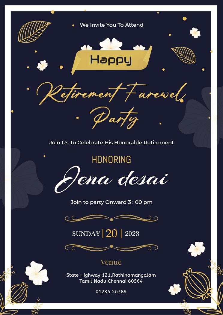 A4 Retirement and Farewell Party Invitation Template Stylish Dark Blue Background White Frame Yellow Stock Flower Elegant Attractive Floral Typography