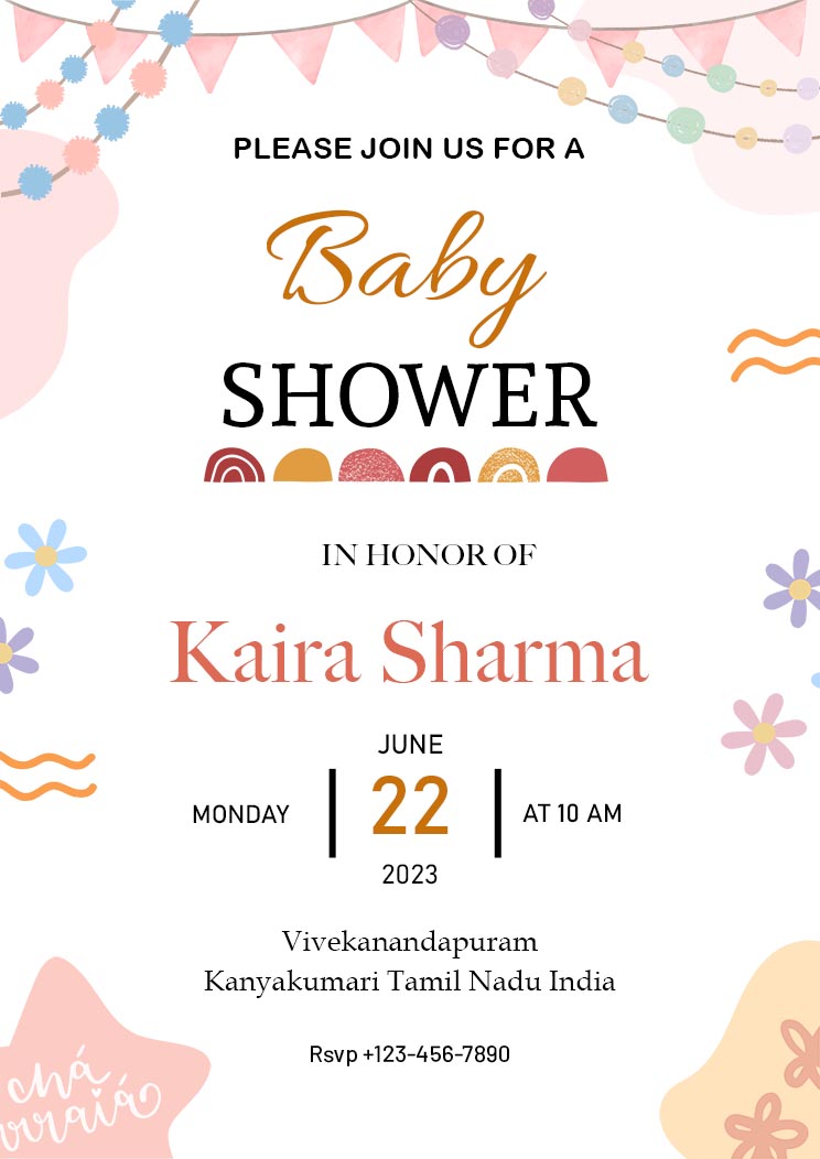 Baby Shower Invitation Attractive a4 Invitation Template Stylish white Background Seamless festive pattern with flat drawn flags Colorful Blob