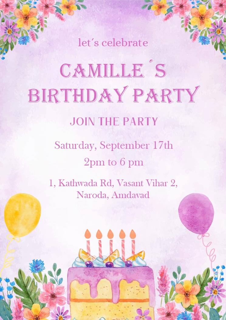 Pink Watercolor Decorative Birthday Party Invitation