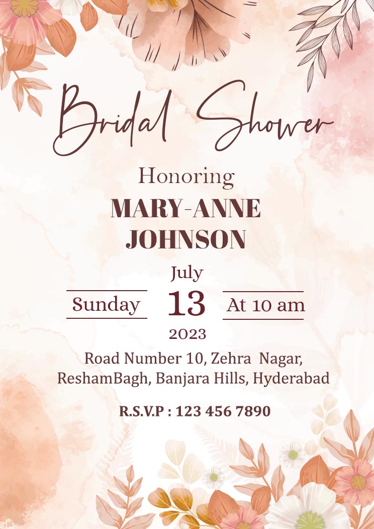 Bridal Shower Invitation Floral Watercolor Light Brown