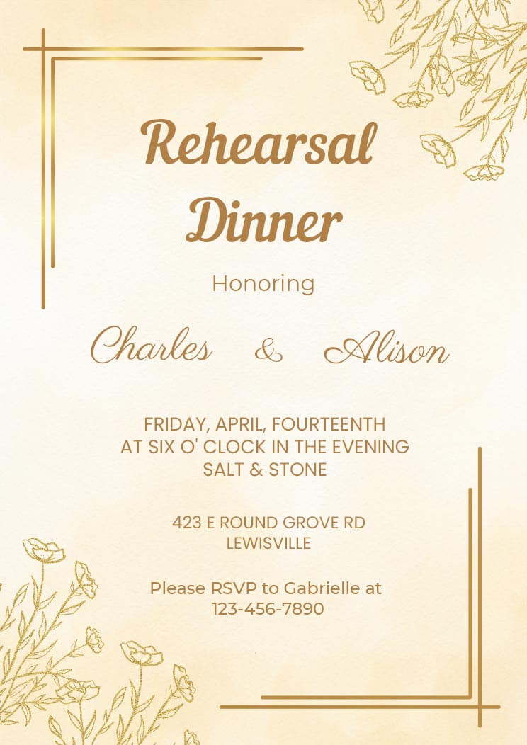 Simple Rehearsal Dinner Invitation Card With Yellow Watercolor Background
