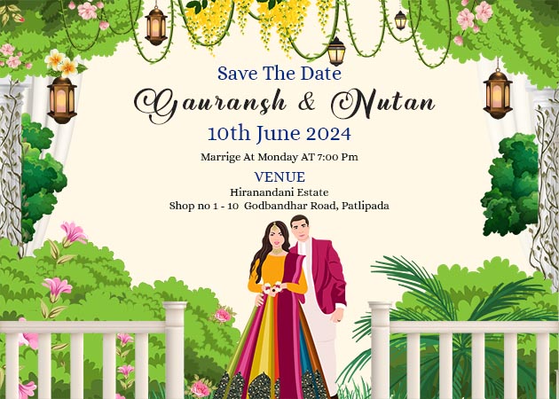 Decorative landscape Floral Hindu Wedding Invitation