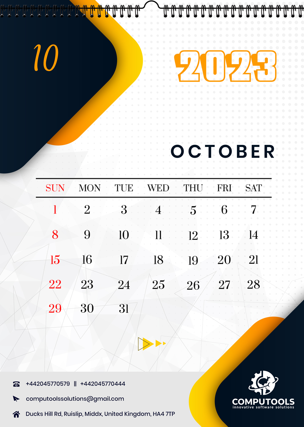 Gold Pattern Design Portrait Calendar October 2023