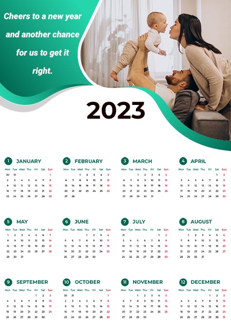 Bluish Green Simple New Year 2023 English Calendar