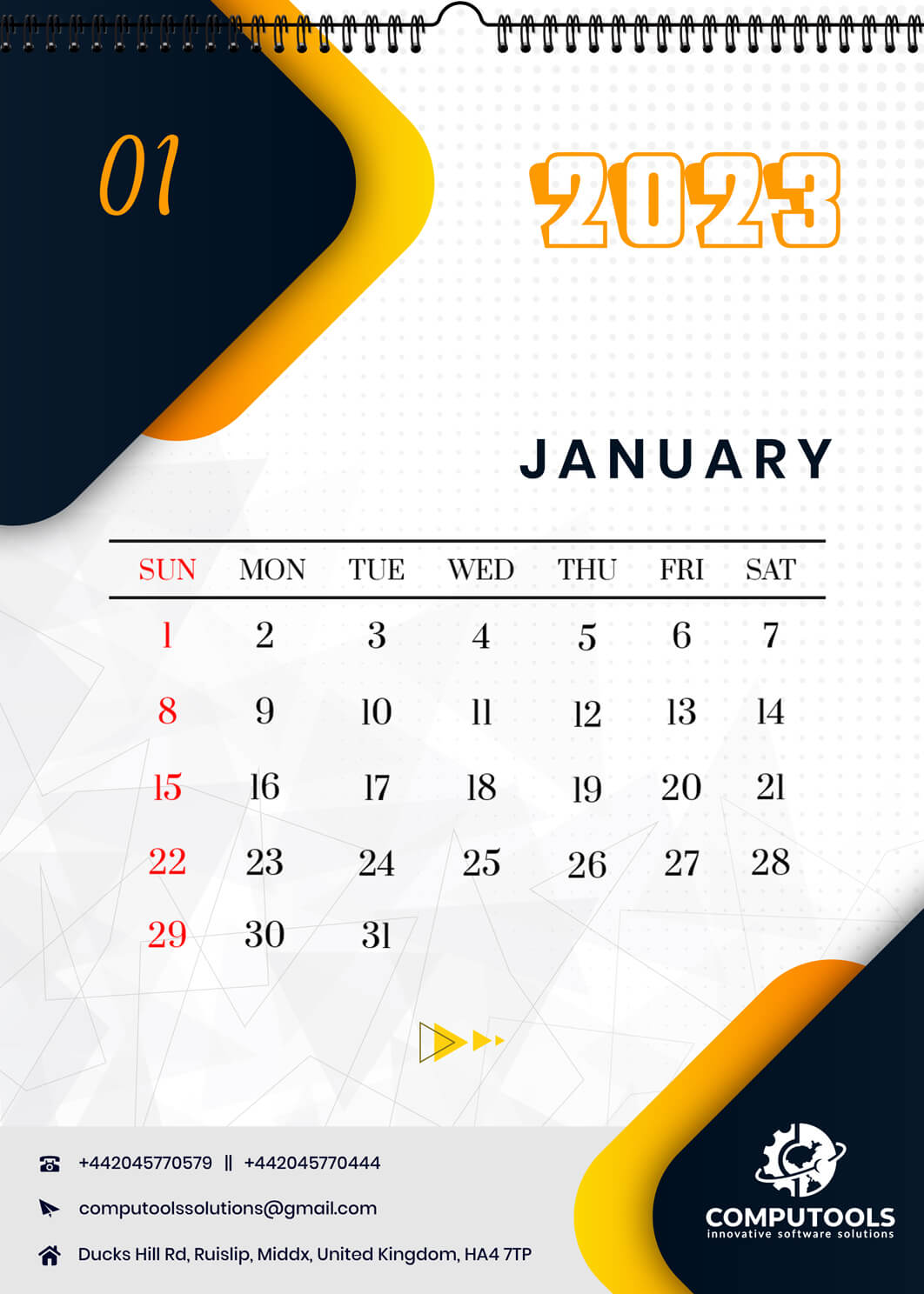 Gold Pattern Design Portrait Calendar January 2023