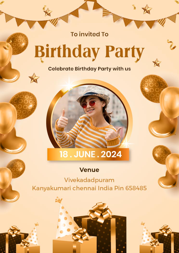 Birthday Party Calibration Luxury A4 Happy Birthday Party Invitation Template Card Decorative Studio background bright yellow gold gradient Background