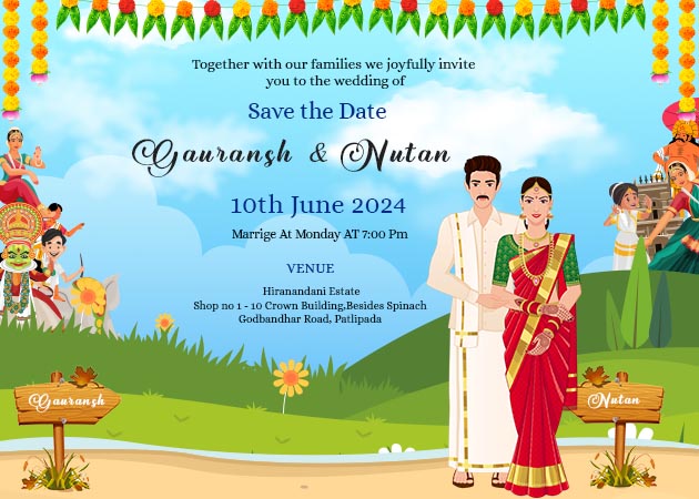 Creative Natural Color South Indian wedding Landscape Invitation Card