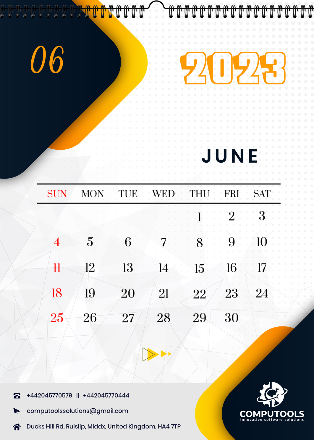 Gold Pattern Design Portrait Calendar June 2023