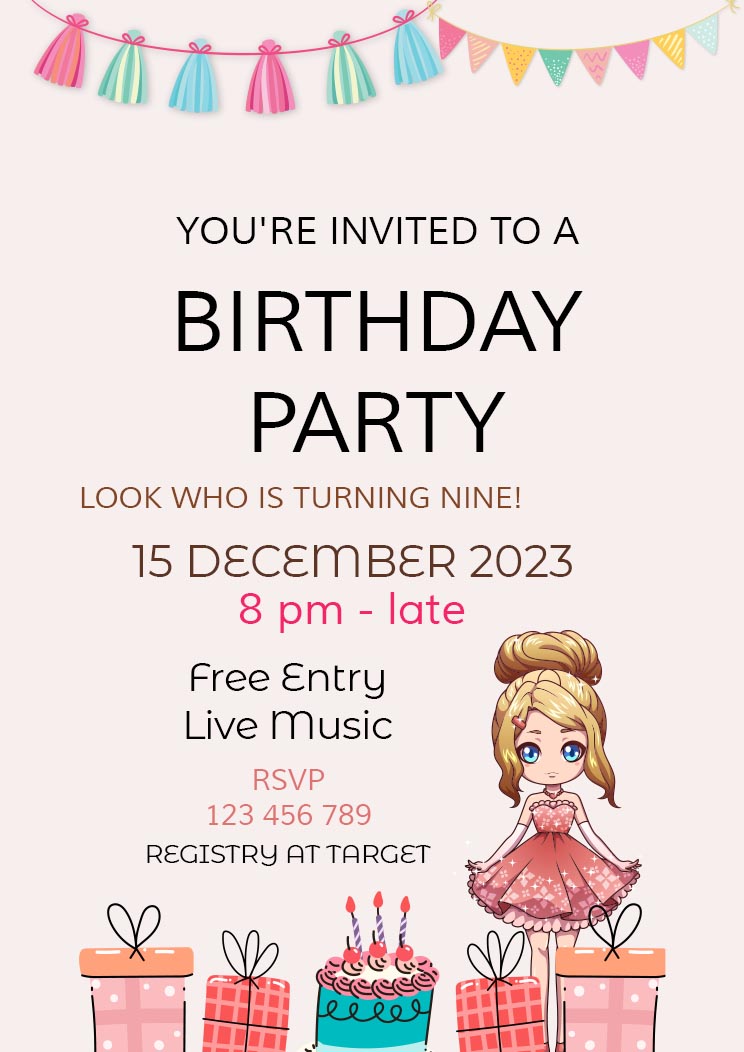 Simple Girl Birthday Party A4 Invitation Card