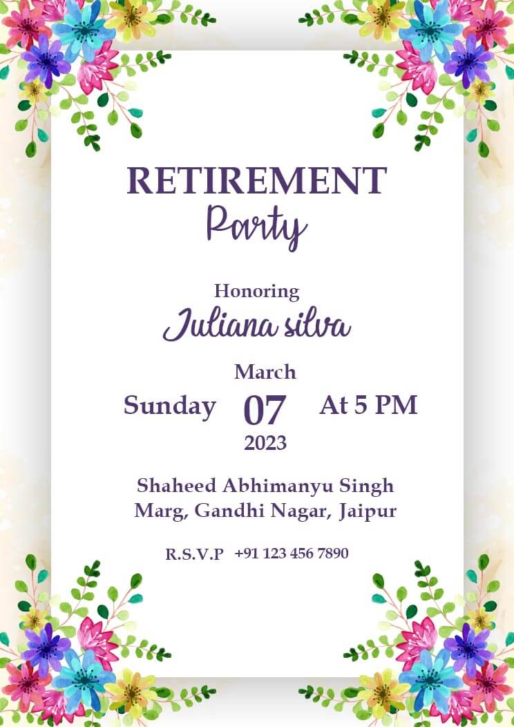 Floral A4 Invitation Card For Retirement and Farewell Party With White Background