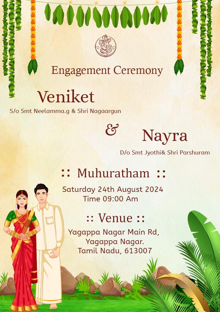 Trendy Caricature South Indian Engagement Invitation Card