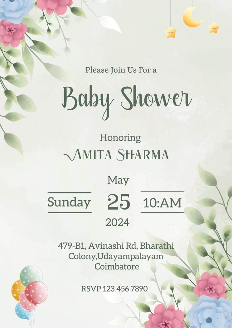 A4 Invitation Card For Baby Shower Invitation With Floral Simple Abstract Watercolor Background