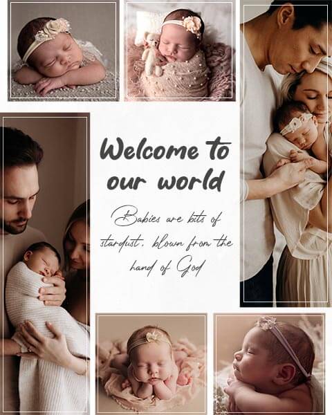 White six baby photos welcome to the world babies are bits of photo collage simple story Maker Template