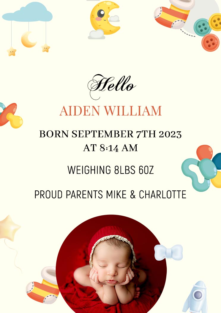 Baby Girl's Birth Announcement A4 Invitation Card