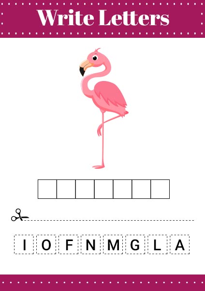 Simple Baby Pink Flamingo Picture Words Puzzle A4 Page